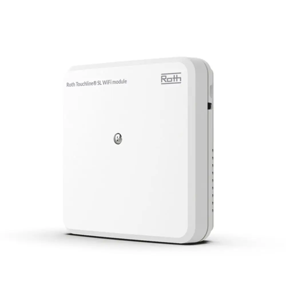Weißes WiFi-Modul von Roth, rechteckig mit abgerundeten Ecken und einem zentralen Punkt, angebracht an einer glatten Oberfläche.